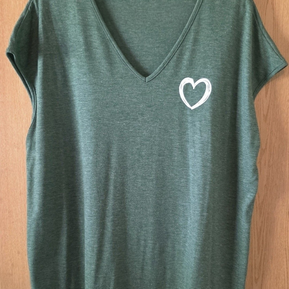 Green V-Neck Top with Heart Detail